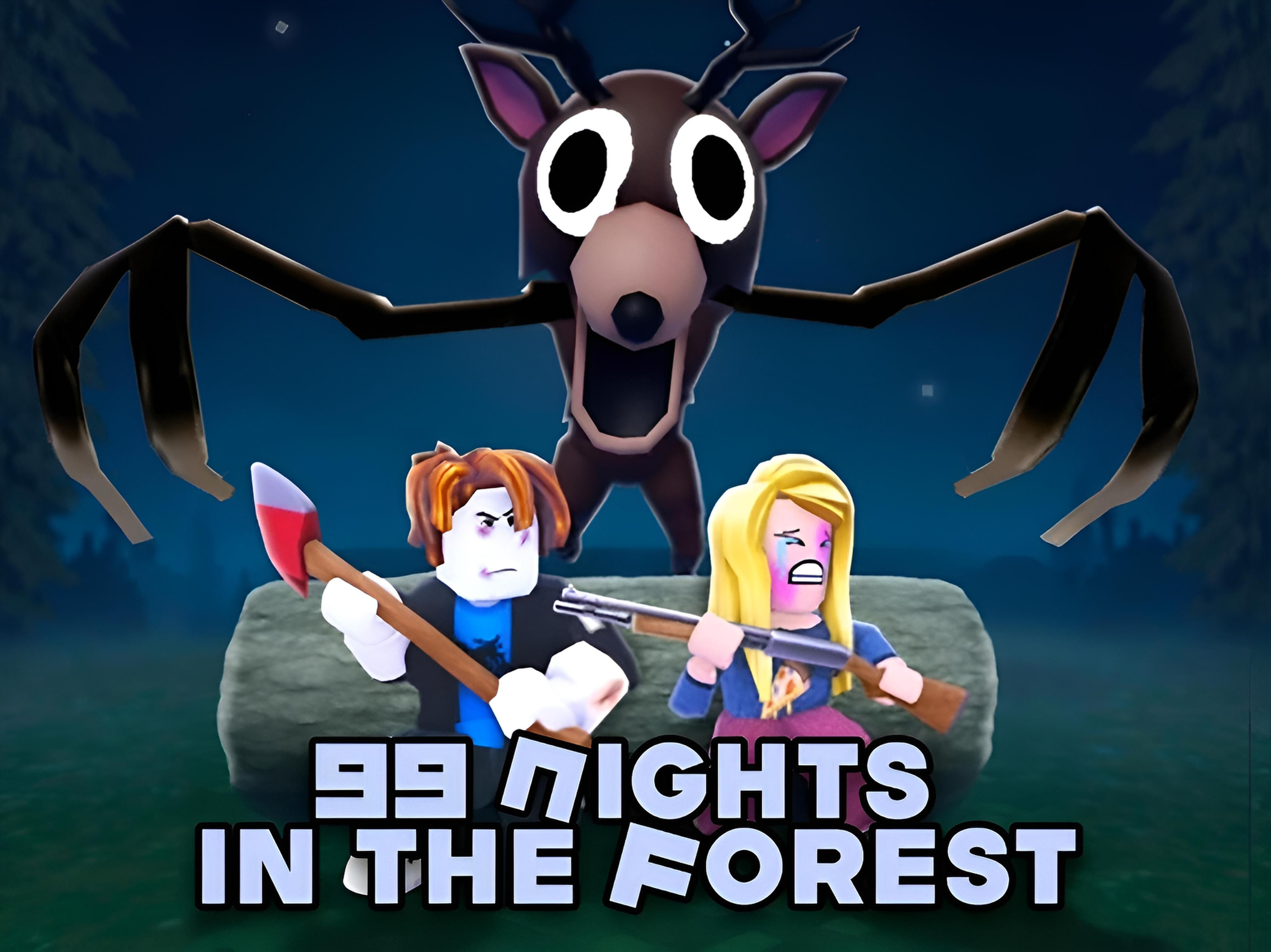 The Deer from 99 Nights in the Forest — participating-character context The Deer monster looming over Roblox-style survivors in 99 Nights in the Forest promotional artwork